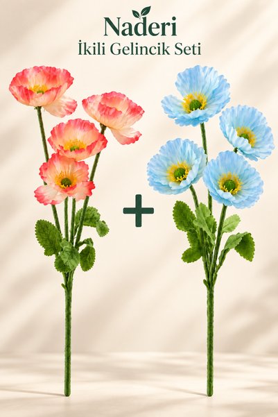 Naderi Çiçeği 2 Adet Yapay Gelincik Dalı 60 cm Kırmızı Krem ve Mavi Her Dal 4...
