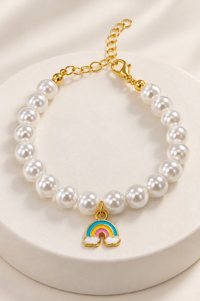 MakeWell Women's Pearl Bracelet Rainbow Tree of Life with Cherry and Clock Figures Charm Detailed Adjustable Stylish Bracelet