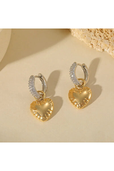 Glamorous Style Γυναικεία Δίχρωμα Σκουλαρίκια Καρδιά με Κρίκο και Ζιργκόν