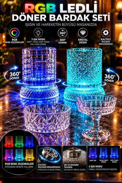 BB Craft Premium 2'li Döner Bardak ve Kristal Kase Seti (RGP Led +5 Renk Deği...