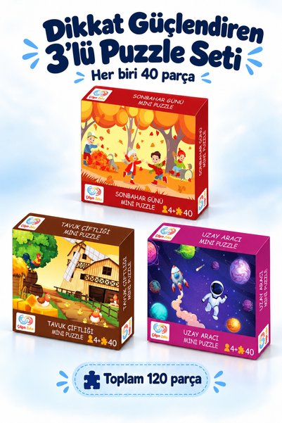 Çılgın Zeka Dikkat Güçlendiren 3’lü Puzzle Seti Çocuk Puzzle ve Yapboz