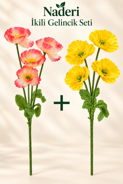 Naderi Çiçeği 2 Adet Yapay Gelincik Dalı 60 cm Kırmızı Krem ve Sarı Her Dal 4...