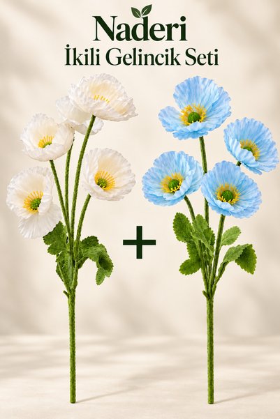 Naderi Çiçeği 2 Adet Yapay Gelincik Dalı 60 cm Beyaz ve Mavi Her Dal 4 Çiçekl...