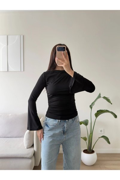 Zoom Butik İspanyol Kol Drapeli Bluz - SİYAH