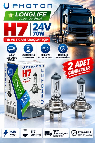 Photon H7 24V 70W Longlife Uzun Ömürlü Tır Kamyon Ticari Araç Far Ampulü 2 Adet