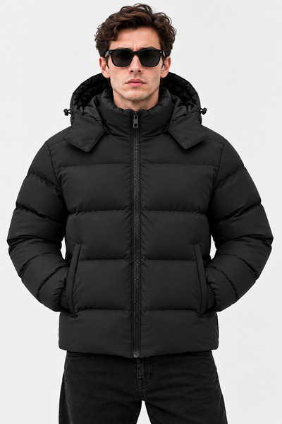 Montivo Men's Black Removable Hood Winter Puffer Coat