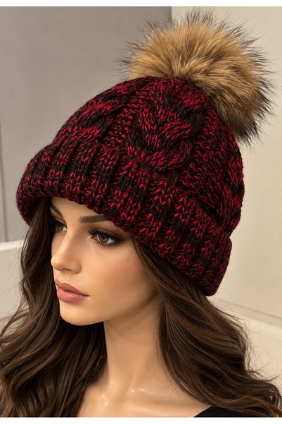 Generic Brand Women's Black Burgundy Knitted Beanie – Winter Hat with Plush P...