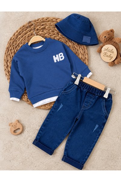 Asila Baby Double-Sided Hat Lycra Jeans Sweatshirt Men's and Children's Set