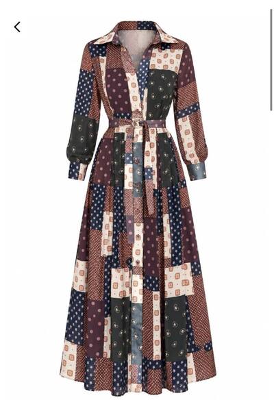 Butik Beyza Multicolored Patterned Belted Dress