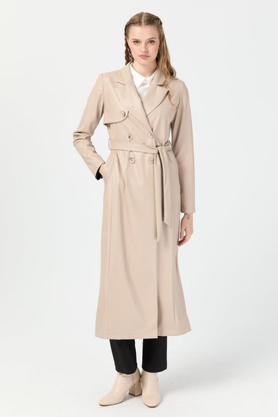Esswaap Women's Leather Trench Coat |   Long and Stylish Trench Model