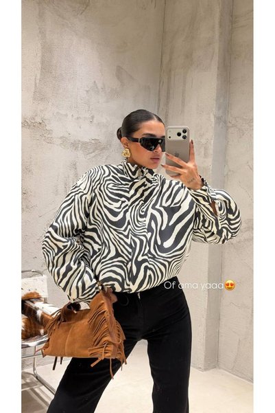 Butik Beyza Zebra Patterned Coat with Filling