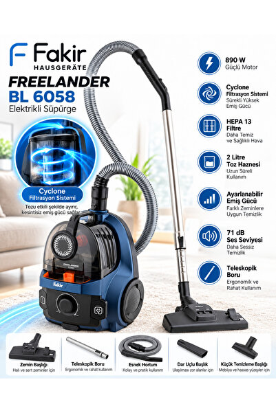 Fakir Freelander 890 W Toz Torbasız Elektrikli Süpürge, HEPA 13 ve Cyclone Filtreli, 2 Litre Toz Hazneli, Ayarlanabilir Emiş Güçlü, 71 dB Ses Seviyeli, Teleskopik Borulu, Mavi, 3 Yıl Garantili