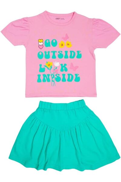 AIKO -Girls Short Sleeve Pink T-Shirt with Green Skirt Set-3-4Y
