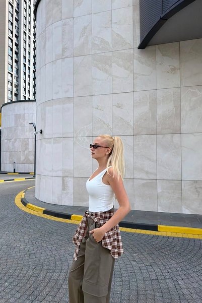 lizge giyim Plaid Garnished Cargo Pants