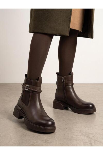 Venüs 2552204K Women's Genuine Leather Thick Sole Elastic Zippered Short Boots