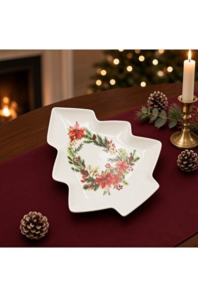 Ornament24 Platou pentru servire masa de Craciun, in forma de brad, portelan,...