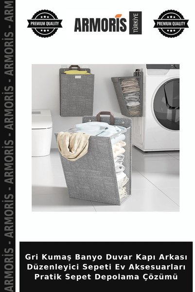 Armoris Grey Fabric Bathroom Wall Behind Door Organizer Basket Home Accessori...
