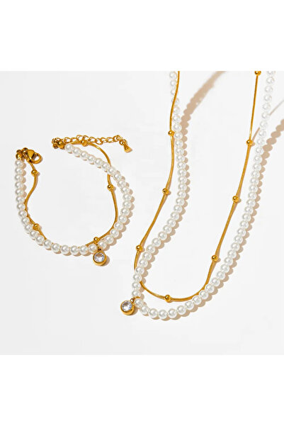 Glamorous Style Γυναικείο Διπλό Κολιέ με Πέρλες και Ζιργκόν