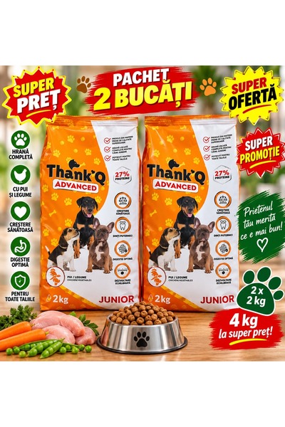 ThankQ Pachet 2 Bucăți Hrană Uscată Câini Junior Thank’Q Advanced, cu Pui și ...