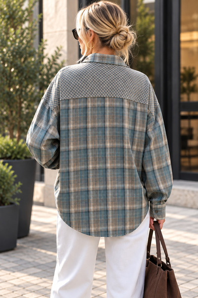 MERİDE Women's Oversize Plaid Shirt – Relaxed Fit Long Sleeve Shirt with Pocket Detail-5163-Standard Size - Green