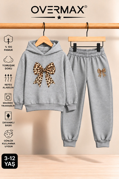 OVERMAX Leopard Patterned Ribbon Printed Children's Hooded Sweatshirt Tracksu...