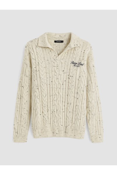 LC Waikiki Nevavm Xside Ecru Knitwear Embroidered Polo Collar Men's Sweater