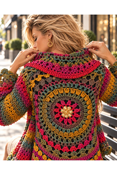 drt tasarım Kadın Boho Mandala Galaxy Motifli Kadın Kışlık Kombin Hırka DRT-CRDN-0054