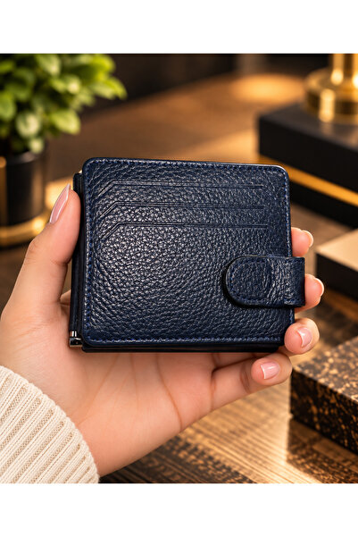 Yurtsever Genuine Leather Navy Blue Unisex Mechanical Card Holder Wallet – Co...