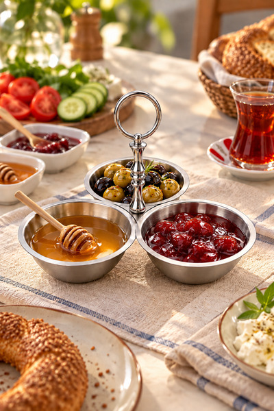 Artemia Home وعاء تقديم الإفطار بثلاثة أقسام مع مقبض، وعاء زيتون معدني فضي اللون، ووعاء تقديم المربى والجبن