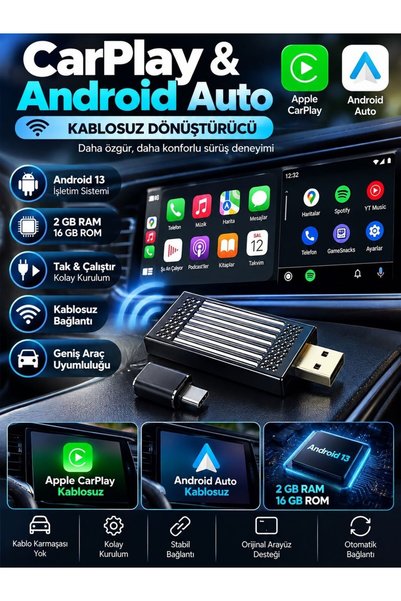 VEROXA Aı Box Carplay & Android Auto Kablosuz Adaptör USB Dönüştürücü Android 13