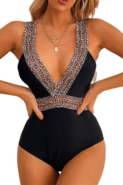 VeeShop Costum de baie intreg, decolteu adanc, cu benzi elastice semitranspar...