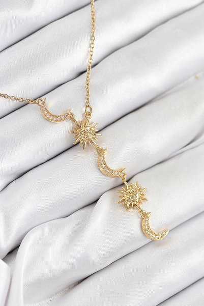 Toptan Bulurum 316L Steel Zircon Stone Sun and Moon Model Gold Color Women's ...