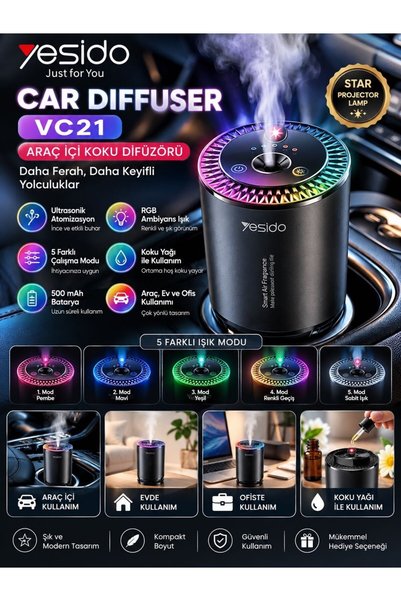 VEROXA VC21 Car Diffuser Araç Içi Koku Difüzörü Rgb Ambiyans Işıklı Buhar Makinesi