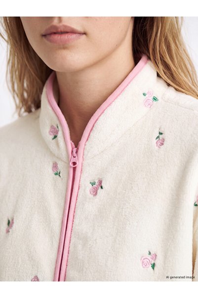 LC Waikiki Quality Pieces from Çelebi Store Women's Plush Pajama Top with Embroidered Stand Collar