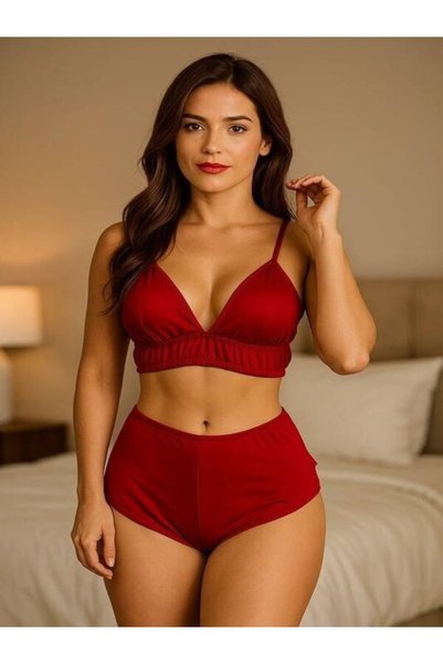 Genel Markalar Kadın Kırmızı Yüksek Bel Şortlu Bralet Takım