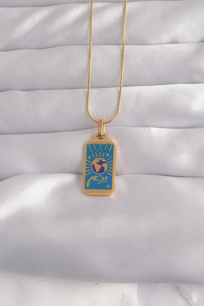 Toptan Bulurum 316L Steel Gold Color Blue Enamel Hand Figurine Tarot Pendant