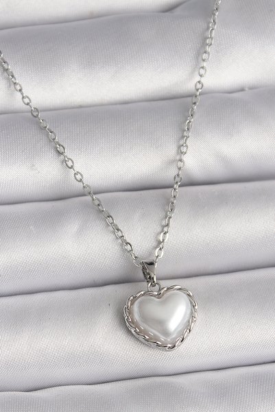 Toptan Bulurum 316L Steel Silver Color Chain 3D Pearl Heart Model Women's Nec...