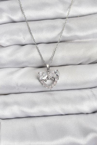 Toptan Bulurum 316L Steel Chain Silver Color Heart and Bow Model Zircon Stone...