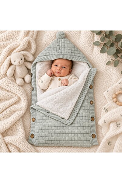 Pure Boutique Sac de dormit bebe tricotat gri cu gluga, interior pufos si nas...