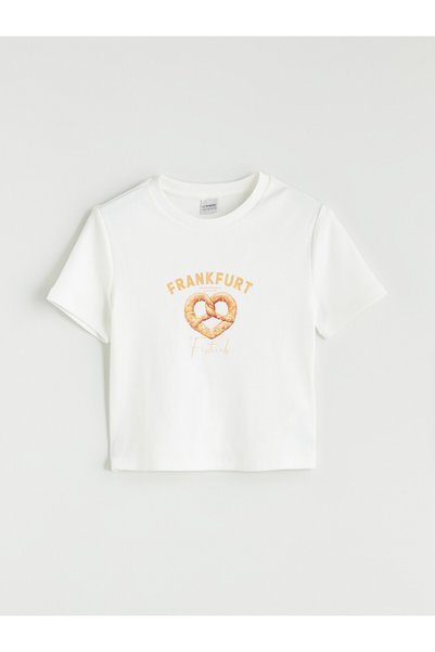 LC Waikiki Lcw Kids White Oval Collar Frankfurt Printed Girls' Crop T-Shirt w...