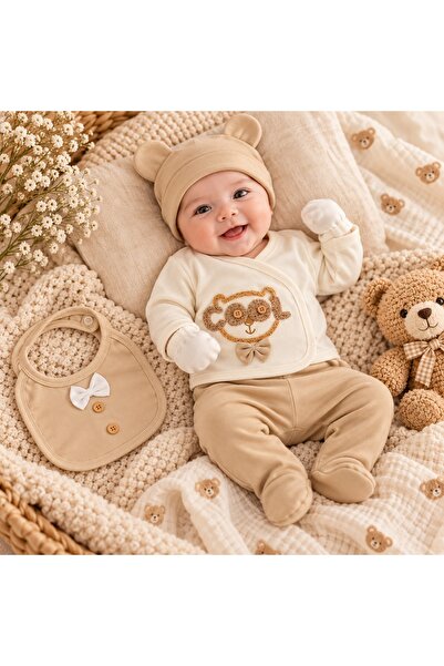 Pure Boutique Set bebe 5 piese bumbac crem si bej, ursulet COOL, pantaloni cu...