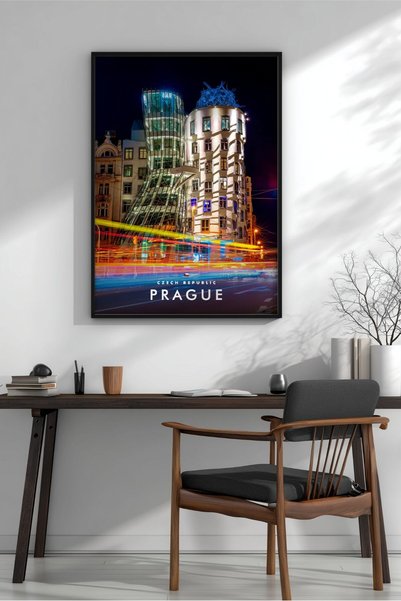 KEYFHOME Prague Dansing House Night Încadrat MDF Tablou Poster Living Wall De...