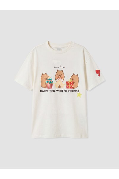 LC Waikiki تي شيرت LCW Kids Ecru Capyfun مطبوع عليه موضوع عيد الميلاد للفتيات...