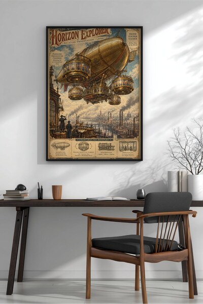 KEYFHOME Steampunk Zeppelin Explorer Poster cu ramă MDF Tablou Poster Salon D...