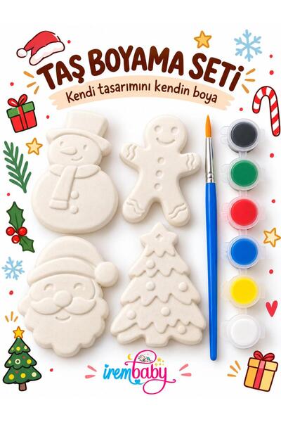 irembaby Taş Boyama Seti Yılbaşı Temalı 4 Parça, 6 Renk Boya ve Fırça Hediyel...