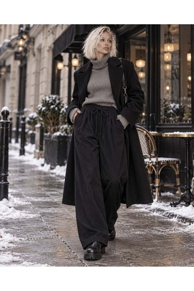 ibeeka Women's clothing new season velvet black color pants with waist tie detail