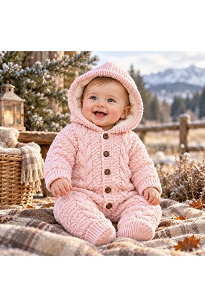 Pure Boutique Combinezon bebe din lana naturala roz cu gluga, imblanit comple...