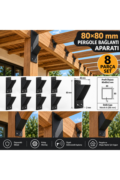 mamzdesign 80x80 mm Pergola Bağlantı Aparatı 8'li Set (2 mm) - Ahşap Çardak K...