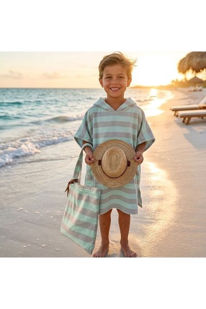 Sand & Sol Kids Ocean Breeze Beach Poncho Green Grey + Beach Bag
