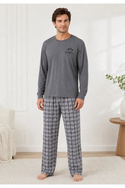 TOSKI Pijama bărbați, Bluză gri cu imprimeu "California" și mânecă lungă, Pan...